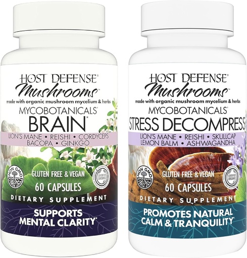[BRSRA23RCQFGMCLB] Host Defense Bundle con MycoBotanicals Brain* Capsules, 60 Conde &amp; MycoBotanicals Stress Decompress* Capsules, 60 Conde - Soporte Memoria & Focus - Soporte Relajación*