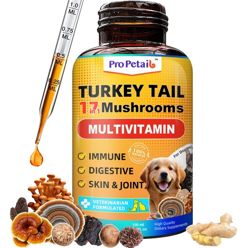 [BRSRGZ33PMAQME3A] Turkey Tail Mushroom Liquid for Dogs 3000mg - Highly Concentrated Formula Support for Itch, Wart, Lumps Lipoma - Mushroom Extract Blended with Turmeric, 2B Probiotics & 10 Vitamins for All Dogs & Cats