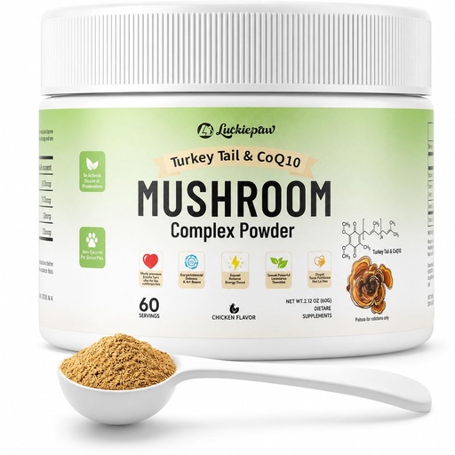 [BRSRGBTQOR6AE33P] Organic Turkey Tail Mushroom Supplement for Senior Dogs & Cats – 10-in-1 Functional Mushroom Powder with CoQ10 for Immune Support, Digestive Health – Chicken Flavor, Scoop Included