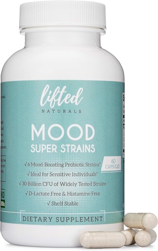 [BRSWGHTRBYCBOA33] Probiotikoak - Mood Super Strains Probiotikoak - Digestioa eta umorea onartzen ditu - Histaminarik gabeko probiotikoak w/L Rhamnosus GG, Shelf Stable Probiotic Supplement, 60 eguneko hornidura, Ez-GMO, Vegan