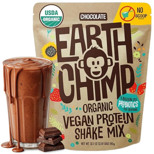 [BRSW2AL3PJ6QAHTA] EarthChimp Organic Vegan Protein Powder - with Probiotics - Non GMO, Dairy Free, Non Whey, Plant Based Protein Powder for Women and Men, Gluten Free - 26 Servings 32 Oz (Chocolate) No Scoop
