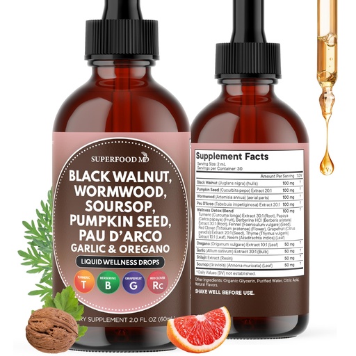 [BRSREZYEBNYQY3D3] Wormwood Black Walnut Cleanse for Humans Drops Liquid Soursop Garlic Pumpkin Seed PAU D'Arco Oil of Oregano Turmeric Berberine Neem Extract Hull Bark Tincture - 2 oz