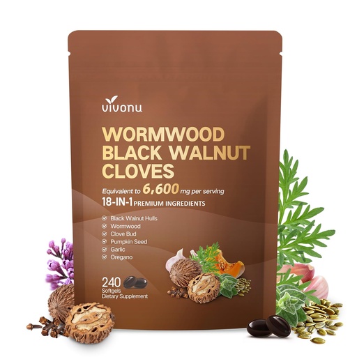 [BRSREBAPCEDQOHLU] VivoNu Black Walnut Wormwood Clove Capsules, Cleanse, Detox, Intestinal Guard Supplement for Humans, 18-in-1 Herbal Blend with Pumpkin Seed, Garlic, Berberine, Cinnamon & More 240 Softgels
