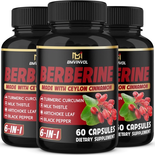 [BRSRAYIKBEBWY2D2] (3 Packs) Berberine Supplement Plus Ceylon Cinnamon, Milk Thistle, Turmeric, Artichoke Leaf, Black Peppe - 6 Month Supply - 180 Capsules Total