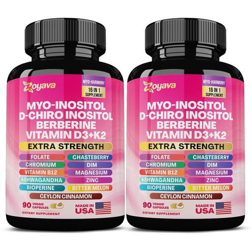 [BRSRAFQKCEORQCIZ] Myo Inositol Supplement 750mg, Berberine 500mg, D-Chiro Inositol 50mg, Folate 400mcg, Chromium 100mcg, Ceylon Cinnamon 200mg, Ashwagandha 100mg, DIM 75mg, Vitex Chasteberry 150mg, 90 Capsules (2 Pack)