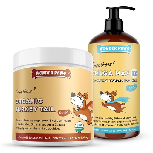[BRSRACYOO4HWY3AZ] Organic Turkey Tail Powder Plus Omega Max Fish Oil - for Dog’s Cellular and Immune Health, Skin and Joint Care – Turkey Tail 60 Scoops - Omega Max 16 Ounces