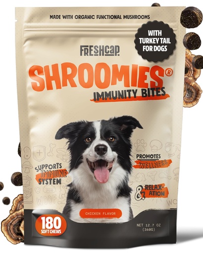 [BRSWGCAOOUCQ2E3G] FreshCap Mushrooms Shroomies - 13 in 1 Turkey Tail Mushroom for Dogs, Super Blend Mushroom Supplement for Dogs, Dog Immune Support, Calming Treats (180 Soft Chews)