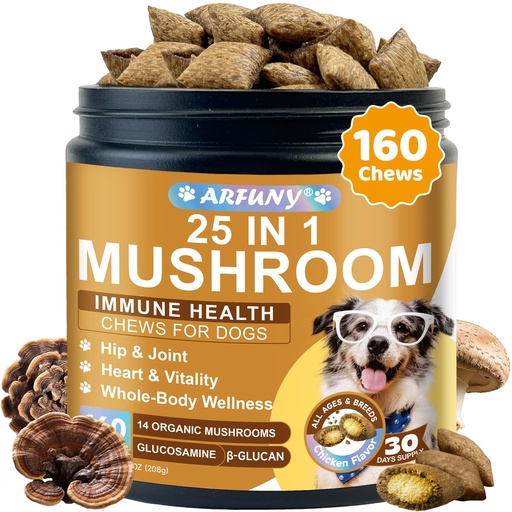 [BRSRGGIFCUIQ43L3] Mushroom Chews for Dogs - Turkey Tail Mushroom for Dogs Lumps & Bumps - Gut, Hip, Joint, Skin, Coat, Immune Health - 14 Organic Mushrooms Turkey Tail, Reishi, Lions Mane, Glucosamine, MSM - 160 Chews