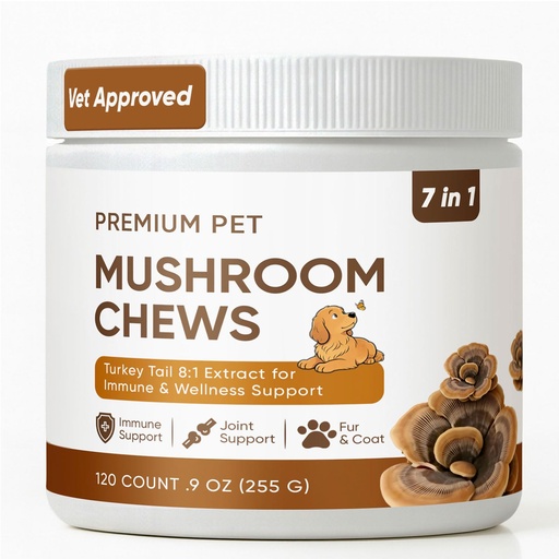 [BRSRGZ3QOFYQE2T4] Turkey Tail Mushroom for Dogs - Mushroom Chews for Dog - Reishi, Lion’s Mane, Chaga - Immunity, Gut, Skin, Joint Support - All Breeds & Sizes - 120 Chews