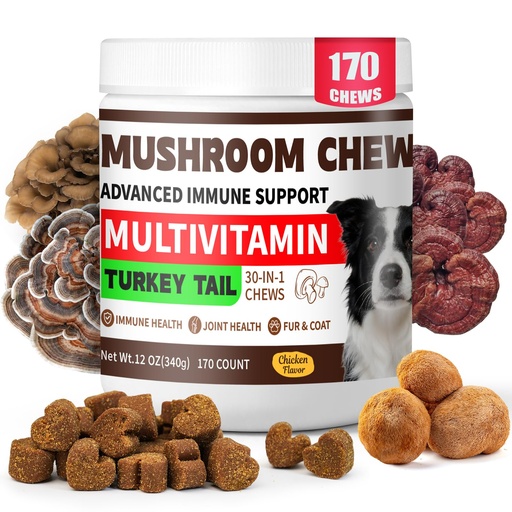 [BRSRGFA6PMHRMFDV] Turkey Tail Mushroom for Dogs, 170 Count Mushroom Chews for Dogs, Chicken Flavor Mushroom Supplements for Dogs, Immune Support, Joints Health, Skin & Coat, Lumps & Bumps Care Multivitamin