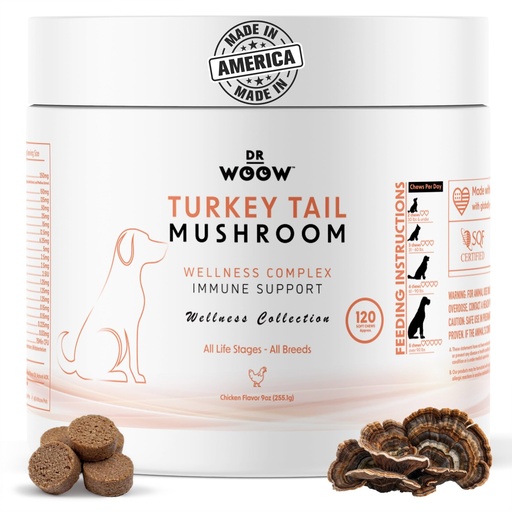 [BRSRGCTQBMNWG33L] Turkey Tail Mushroom Chews for Dogs (120 Soft Chews) – Immune Support & Gut Health – 7 Mushroom Blend, Salmon Oil & Probiotics – Daily Wellness Supplement – Made in USA – Dr. Woow