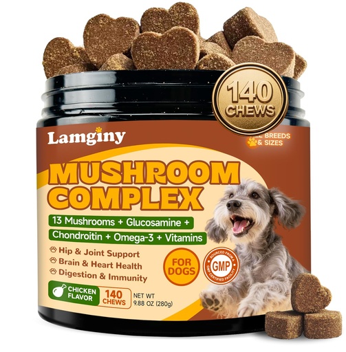 [BRSRGFI3B4FBEG3K] Mushroom Chews for Dogs, Turkey Tail Mushroom for Dogs, Immune Health, Digestive, Skin, Energy, Joint Support, 13 Organic Mushroom Complex with Shiitake, Maitake, Reishi, Lion's Mane, 140 Chews