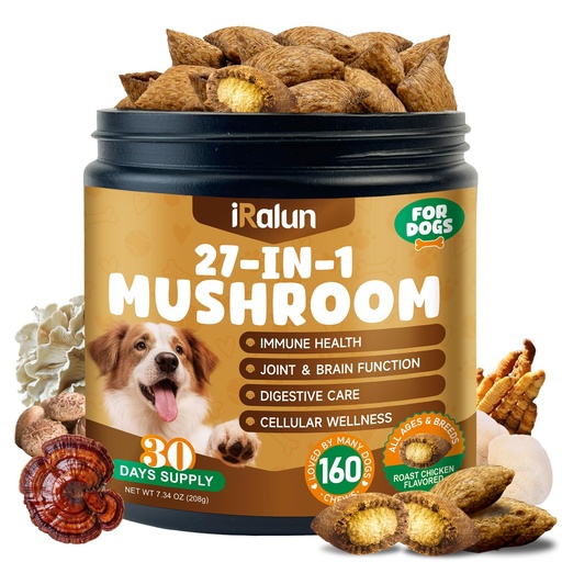 [BRSRGHTYDMPAOH35] Mushroom Chews for Dogs - Turkey Tail Mushroom for Dogs - Dog Lumps & Bumps - Immune Health Support, Digestive,Cellular, Joint, Skin, Coat - Reishi, Lions Mane, Shiitake - 160 Chews