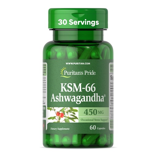 [BRSWYED3AR7BA23K] Puritan's Pride KSM-66 Ashwagandha® 450mg, Highly Concentrated Dietary Supplement for Stress Relief, Mood Enhancing, and Memory Support, 1 Month Supply, 60 Capsules