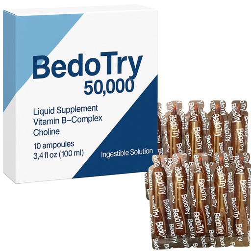 [BRSREED7CQCBY3DD] BedoTry 50,000 Liquid Vitamin B-Complex Supplement Bedotry Vitaminas Complejo B Ampolletas – 10 Ampoules (3.4 fl oz) – with Choline – Supports Energy, Metabolism & Nerve Health