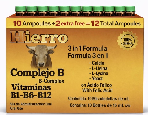 [BRSREBA6AUJRU2TA] 3en1 B Complex, Complejo B 1000 Shot | Multi-Vitamins,Calcium, L-Lysine | Box with 12 Ampoules of 15ml | Energy, Cognitive Function, and Metabolic Health Boost.