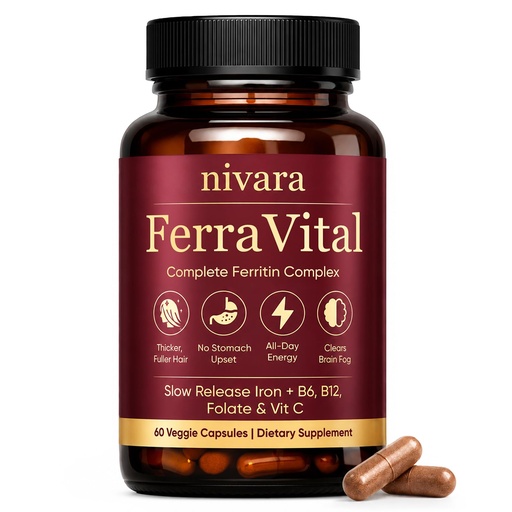 [BRSRGBD2CR6BUHY6] Nivara Ferravital Ferritin Supplement for Women, Promotes Healthy Hair Growth, Boosts Energy, and Replenishes Ferritin with Ferrous Glycinate, Vitamin C, B6 & B12, 60 Capsules (1)