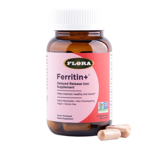 [BRSREYADCFYB6CT7] Flora Ferritin+ Delayed-Release Iron Supplement - Plant-Based Iron Supplement - Blood Cell & Energy Support - Vegan & Gluten-Free - Amber Glass Bottle - 30 Vegan Capsules