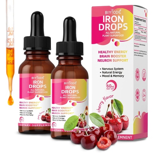 [BRSRGZYHPNYGGDLO] 2P Cherry-Flavored Iron Drops for Women - Help Maintain Energy, Boost Vitality and Immunity. Non-GMO, Gluten-Free 60 ml.