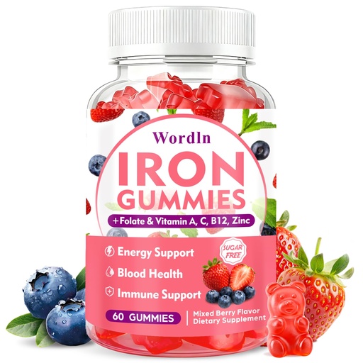 [BRSREBL5C55AGGTF] Iron Gummies for Women, Men & Kids, Vegan Iron Supplement with Vitamin C, B12, Folate for Energy Support & Immune Health, Sugar Free, 60 Gummies (Pack of 1)