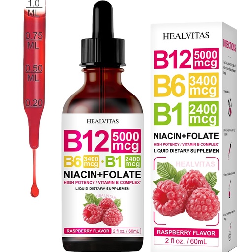 [BRSRYYA7AB4AYETU] Liquid Drops of Vitamin B12 and B6 Complex Drops, Brain and Heart Health Support. with Niacin, and Folic Acid Vitamin B12 Methylcobalamin 5000Mcg, B6 3400Mcg, B1 2400Mcg, and Vitamin B3, B9