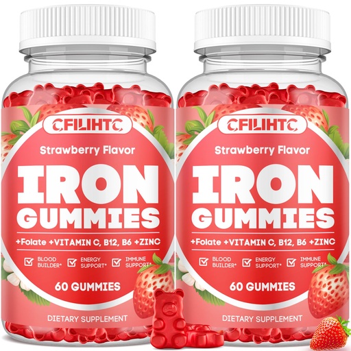 [BRSRACT7BV5REET2] 2 Pack Iron Gummies for Women & Men - Iron Supplement with Vitamin B6, B12, C, Zinc, Folate for Adults & Kids - Support Iron Deficiency, Anemia, Energy Boost, Blood Builder - Sugar Free Strawberry
