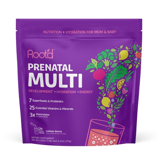 [BRSW2HABCMMREAD2] Root'd Prenatal Multivitamin Powder - 25 Vitamins & Minerals with 3X Electrolytes, Folate, Iron, D3 for Mom & Baby, 7 Superfoods & Probiotics, Sugar-Free Vitamins & Hydration | 24 Packets