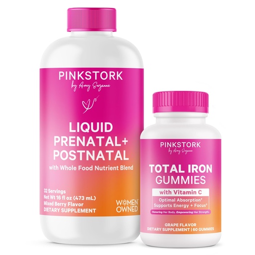 [BRSRECQBPIBAM2T7] Pink Stork Prenatal Nutrition & Iron Bundle | Liquid Prenatal Vitamin with Organic Blend & Iron Supplement with Vitamin C | Energy, Morning Sickness, Focus & Blood Cell Production Support