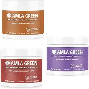 [BRSRAZIYPMHAM3TA] Amla Powder, Green Tea Superfood Supplement with Pumpkin Spice & Hibiscus & Elderberry, Organic, Vegan, 30 Servings