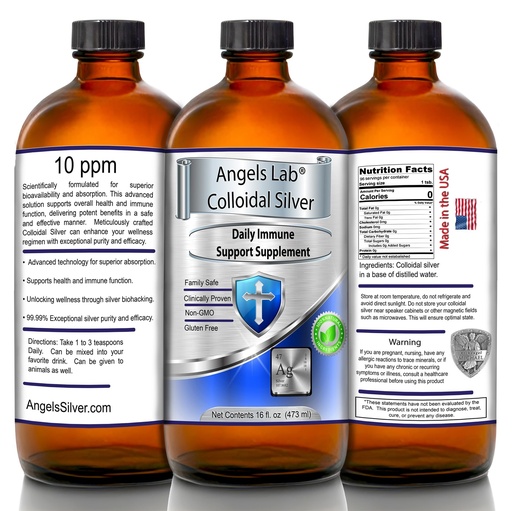 [BRSRAEAPBBYGKHQ6] Colloidal Silver 16oz Glass Bottle 10PPM Angels Lab Immune Support Nano Liquid