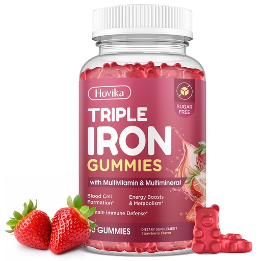 [BRSRGFIODEFG23AU] Iron Gummies for Women, Triple Iron Supplement with Multivitamin Iron Gummies with Vitamin C, A, B, Folate, Copper, Zinc for Energy & Blood Support, Immune Health, Vegan, Strawberry Flavor, 60 Counts