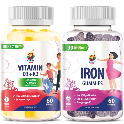 [BRSRAYL2BYBGYGT3] SUNNY SAM Vitamin D3 K2 Gummies 5000 IU & Iron Vitamins with Vitamin C