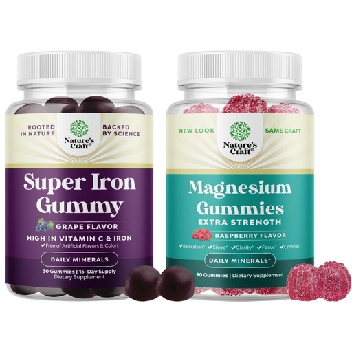 [BRSROCQPAB5BQ3I6] Bundle of Extra Strength Iron Supplement Gummies with Vitamin C & B Complex - Increase Red Blood Cells Supplement and Extra Strength Calm Magnesium Gummies with Elemental Mag - Body & Mind Relaxation