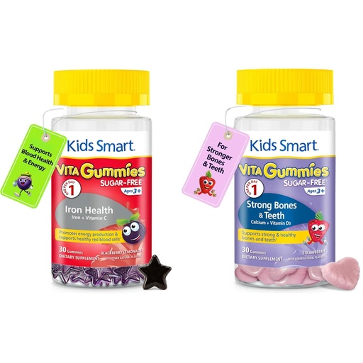 [BRSRYYI7PJ7RSDLJ] KIDS SMART Iron Health Gummies + Strong Bones Gummies Bundle – Iron Supplement with Vitamin C and Calcium with Vitamin D3, Sugar Free, Vegan, Non-GMO Kids Vitamins, 2-Pack