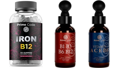 [BRSRACQ7B4HQE2YY] Prime Code Iron Gummies for Women & Men with Vitamin B12, Liquid Vitamin B1 Drops with Vitamin B3 B6 & B12, Liquid Vitamin A Supplement for Women & Men with Vitamin C E and D3