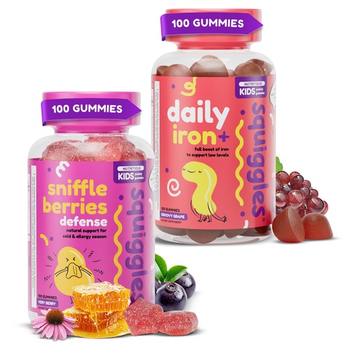 [BRSREZINOINQ4GT4] Squiggles Sniffle Berries (100 Count) + Daily Iron Gummies (100 Count) Duo - Tasty Chewy Gummy - Kids Immune Booster