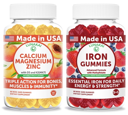 [BRSREAYFOAIAY2AV] Lunakai USA Made Calcium Magnesium Zinc + Iron Gummies Bundle – Naturally Flavored, Non-GMO – 60ct Each
