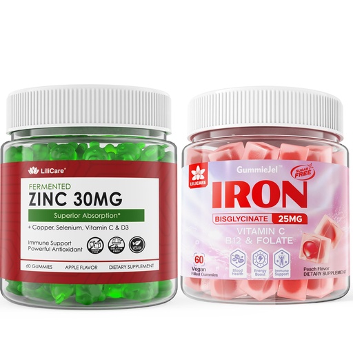 [BRSRAAQYOEHB6H3B] LILICARE Sugar Free Zinc Gummies 2 Pack + Vegan Iron Gummies 1 Pack