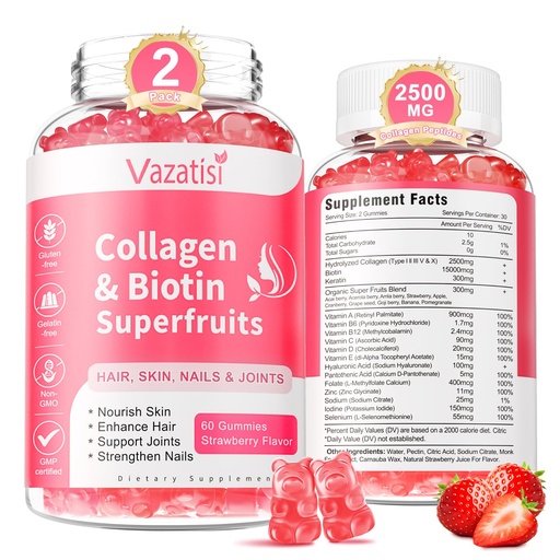 [BRSRMZABCN7G2C3X] 2 Pack Sugar Free Collagen Gummies for Women Men, Multi Collagen Peptides Gummies Type I II III V X with Biotin Vitamin A B C D E for Hair Skin Nails, Strawberry Flavor, 120 Count