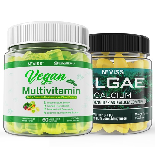 [BRSRAHADDEBGGCTF] Algae Calcium Gummies 600mg with Vegan Multivitamin for Women Men with Iron, Vitamin B12, A, D3, K2, Algae Omega 3, Magnesium, Zinc