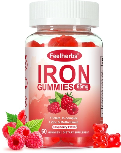 [BRSRGGD2BECAO3DB] Iron Gummies for Women with Multivitamin, Iron Supplement for Women with Energy & Blood Builder, Raspberry Flavor Iron Vitamin Gummy with Folate, B Complex, Vegan 60 Gummies
