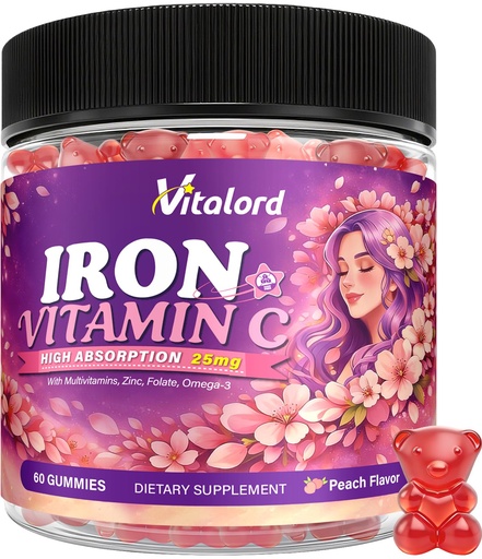 [BRSRGALRDF4AEDL4] Iron Bisglycinate Gummies 25mg for Women & Kids, Gentle Chelated Iron Supplements with Vitamin C, Folate, Omega-3, Energy Support, Immune Health, Sugar Free, Peach Flavor, 60 Ct