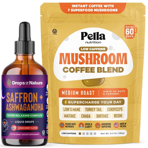[BRSREHQCBUOQADLK] Drops Of Nature Ashwagandha & Saffron Liquid Drops Supplement (Mixed Berry, 60mL) & Pella Nutrition Mushroom Coffee with Lion's Mane (Low-Caffeine, 60 Cups) – Vegan, Non-GMO – Focus & Mood Balance