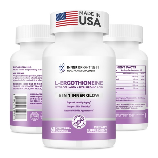 [BRSRACQ5ARYBEEY7] Inner Brightness L-Ergothioneine Supplements with Hyaluronic Acid & Collagen for Women, Non-GMO, Gluten Free, Vegan, Promotes Longevity & Healthy Aging, 60 Capsules