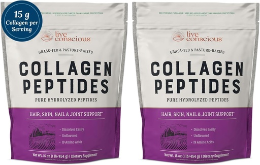 [BRSW22Q5CV6R6DY7] Live Conscious Collagen Peptides Powder - Ile, Azal, Nail eta Laguntza Bateratua - I eta III Kolageno mota - Jakinaren arabera Hidrolized Protein - 16oz (2-Pack)