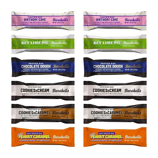 [BRSRGYL7AEFQMCD5] Barebels Protein Bars Variety Pack, Birthday Cake, Key Lime Pie, Chocolate Dough, Cookies & Cream, Cookies & Caramel, Salted Peanut Caramel, No Added Sugar, 1.94 oz, 20g Protein 12 Pack