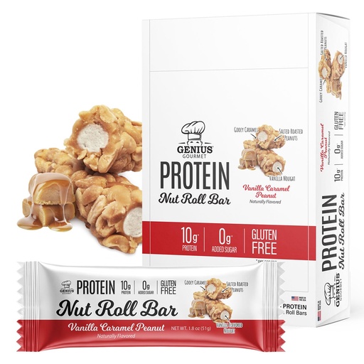 [BRSRAGITOR6AMHTA] Genius Gourmet Nut Roll Bars Vanilla Caramel Peanut – 10g Protien, Zero Added Sugar, Gluten Free, Non-GMO – Sweet Snack & Dessert for Adults and Kids – 10 Ct Box