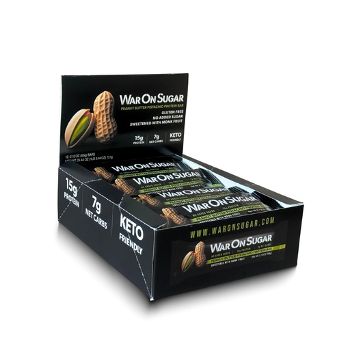 [BRSREGQ6CEHREADF] War on Sugar Peanut Butter Pistachio - High Protein Bars, No Sugar Added, 15g Protein, 7g Net Carbs, Keto Friendly, Gluten Free, All-Natural Ingredients, Monk Fruit Sweetened, No Crash - 12 Count Box