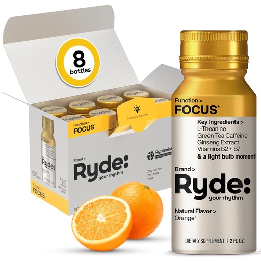 [BRSROBD2AEBQOFYZ] Ryde: Focus + Energy Shot, 0 Calories, 0 Sugar, L-Theanine & Ginseng, Green Tea Caffeine, Vitamins B2 & B7, 2 FL OZ Shots, Orange Flavor, Supports Focus (8 Pack)