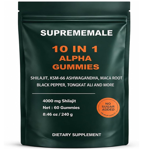 [BRSRYYYNOIDWYEQU] SupremeMale 10 in 1 Alpha Gummies - 4000 mg Herbal Performance Blend with Ashwagandha, Tongkat Ali, Maca & Shilajit – Supports Daily Energy, Stamina & Male Wellness (1)